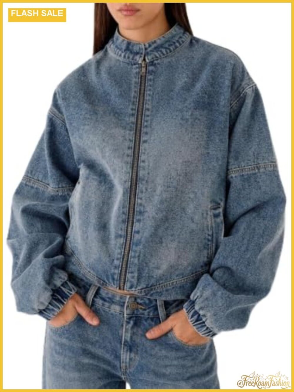 Oversized Denim Bomber Jacket Front Zip Long Sleeve Mid-Weight